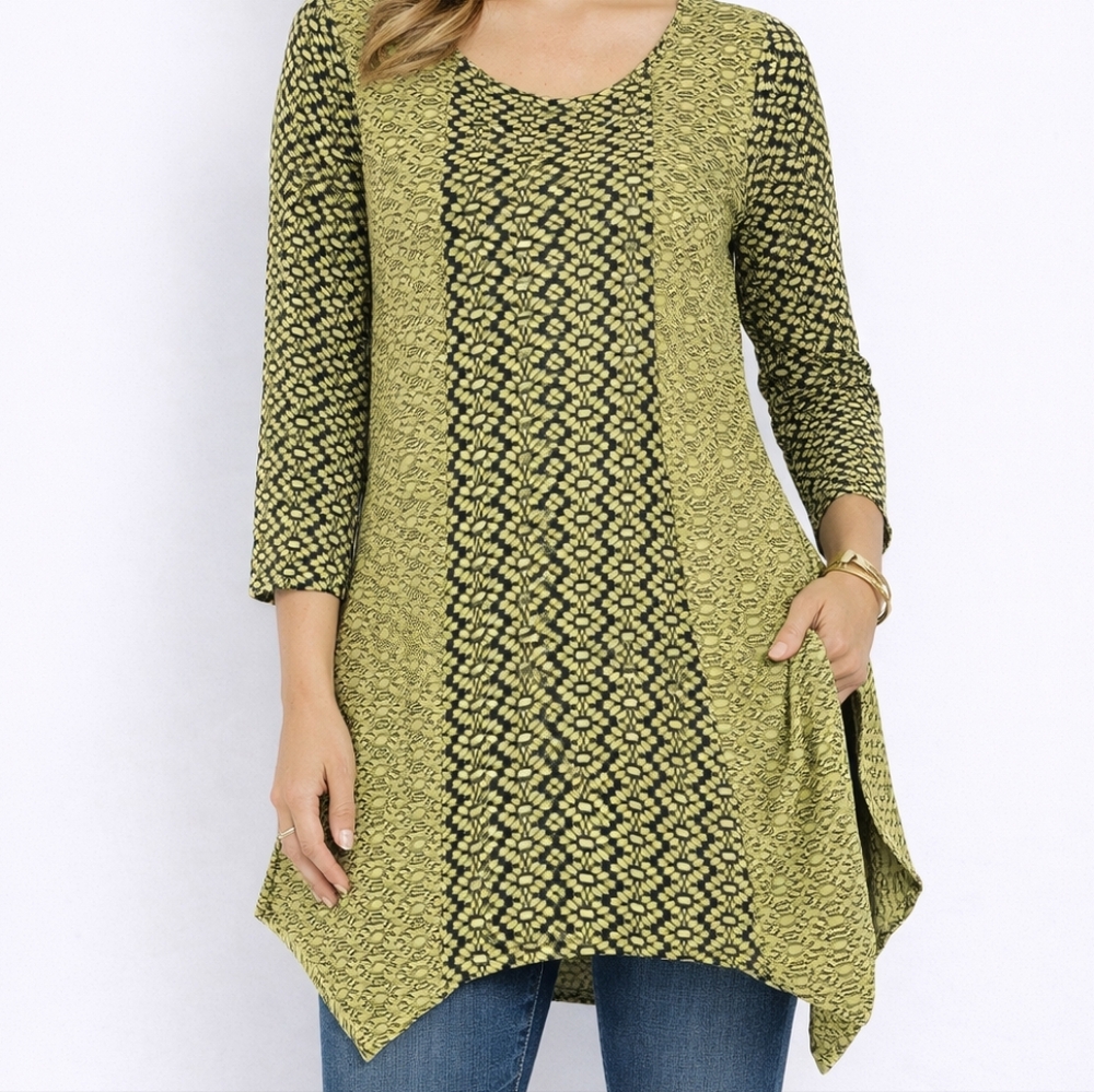 NWT, Peck and Peck Top, Chartreuse Boho Tunic or Dress Asymetrical Argyle, Sz L